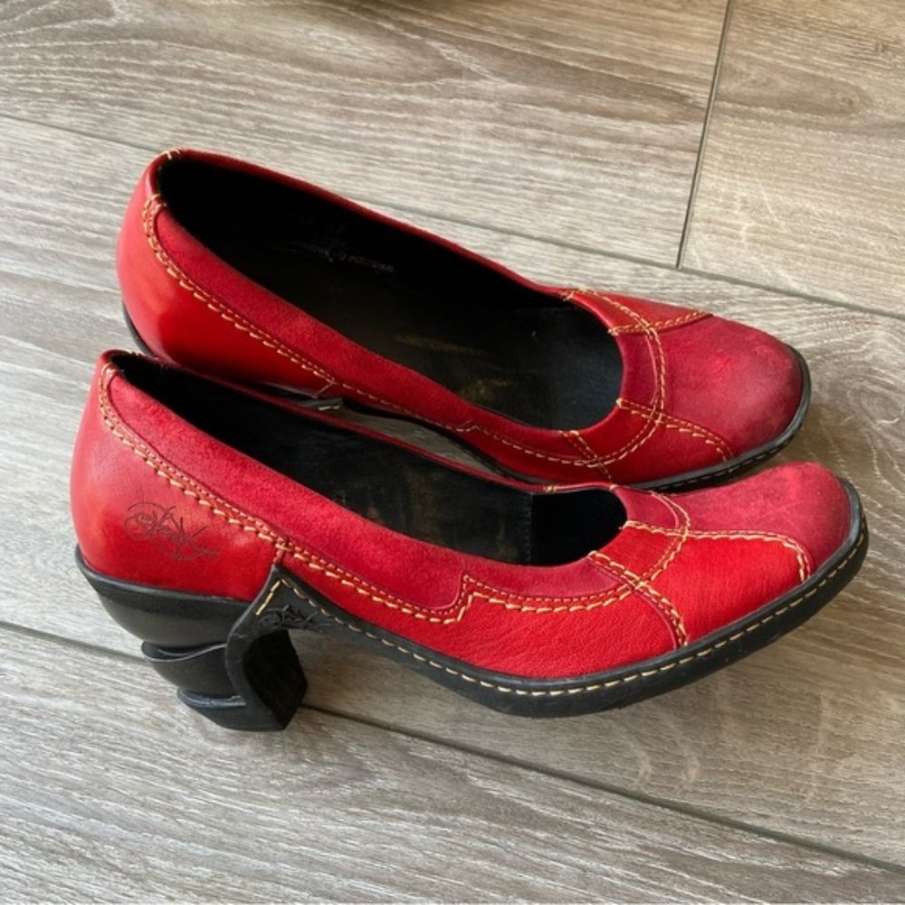 Funky Heel Red Leather Pumps